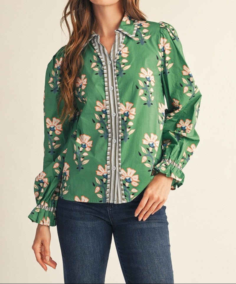 Stripe Contrast Button Down Floral Top