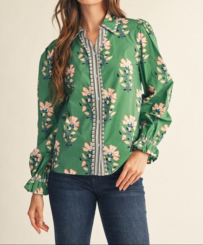 Stripe Contrast Button Down Floral Top