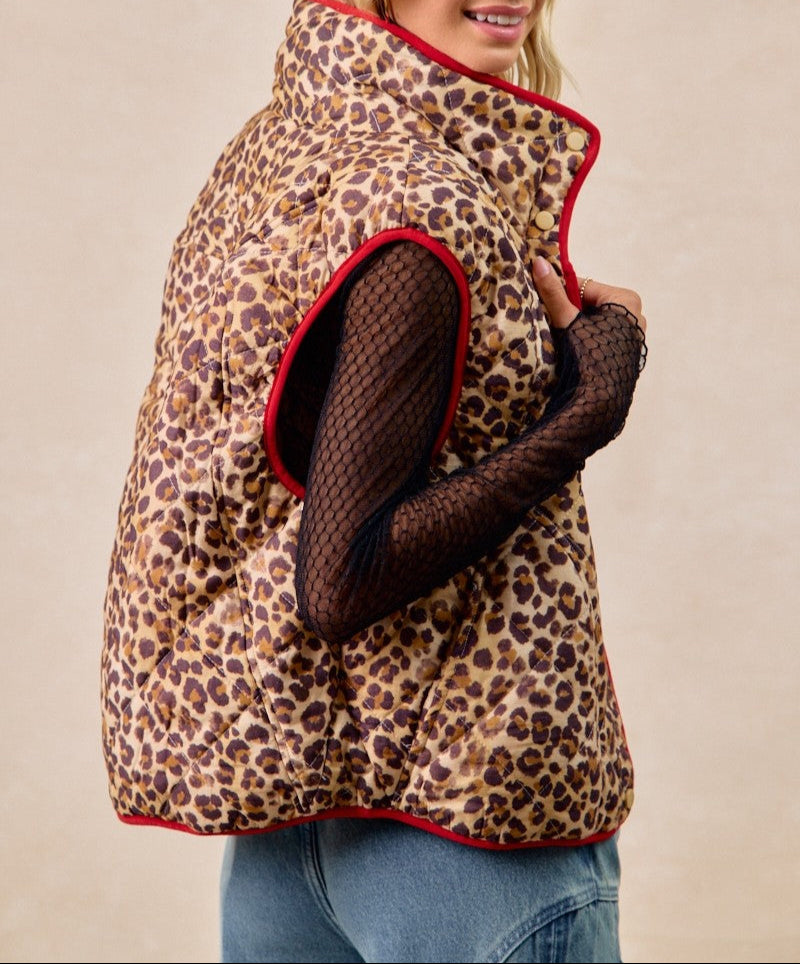 Leopard Print Piping Detail Quilted Vest - Brazos Avenue Market 