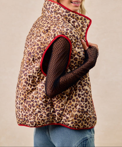 Leopard Print Piping Detail Quilted Vest - Brazos Avenue Market 