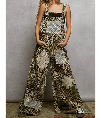 Crochet Contrast Patch Detail Chest Pocket Woven Overalls