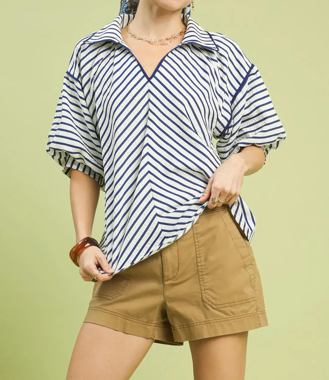 Plus Size Chevron Stripe Collared Relaxed Top