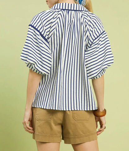 Plus Size Chevron Stripe Collared Relaxed Top