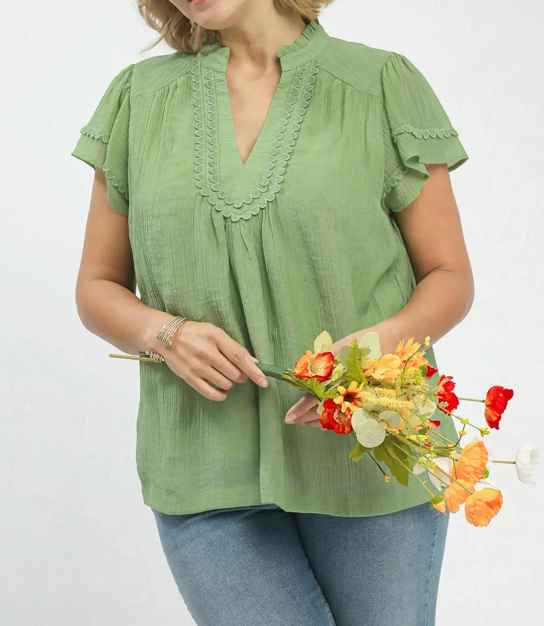 Plus Size Scalloped Trim Flutter Sleeve Top - Brazos Avenue Market 