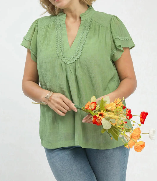 Plus Size Scalloped Trim Flutter Sleeve Top - Brazos Avenue Market 