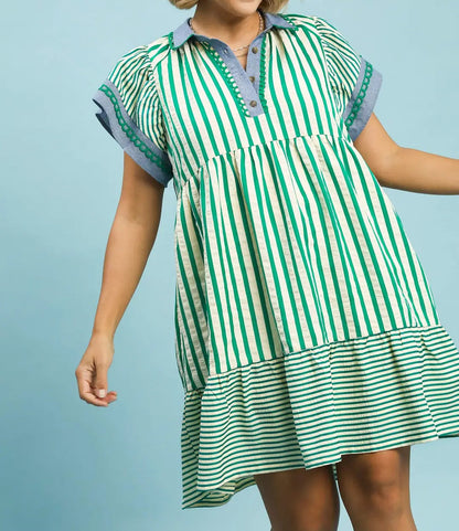 Plus Mixed Stripe Flutter Sleeve Tiered Babydoll Dress
