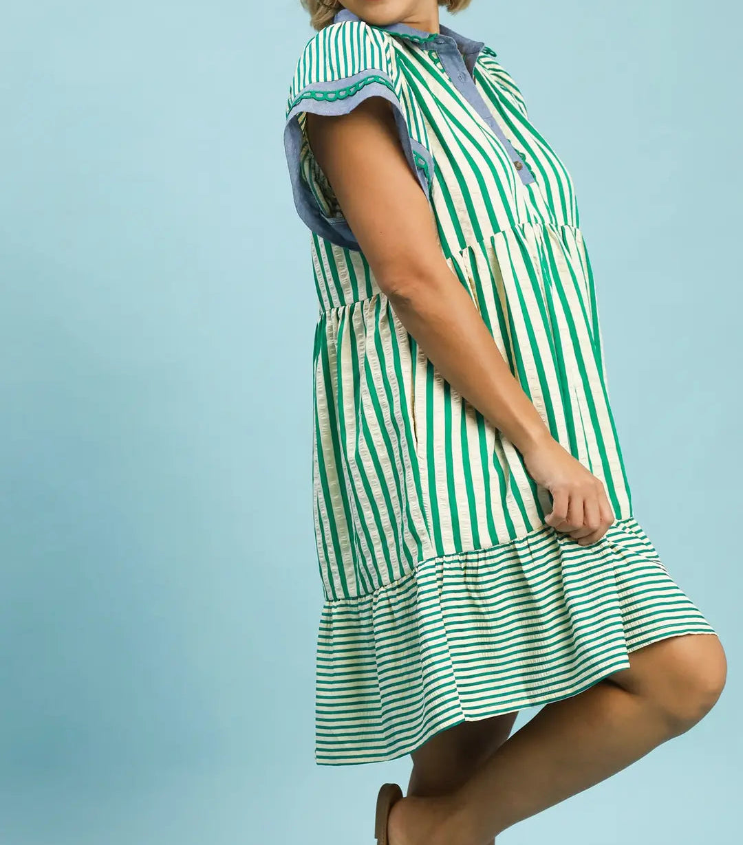 Plus Mixed Stripe Flutter Sleeve Tiered Babydoll Dress