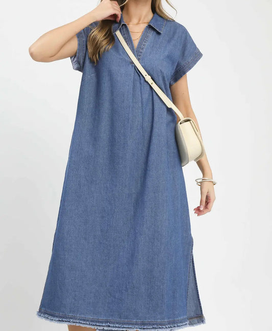 Stone Washed Collared Denim Midi Dress - Brazos Avenue Market 