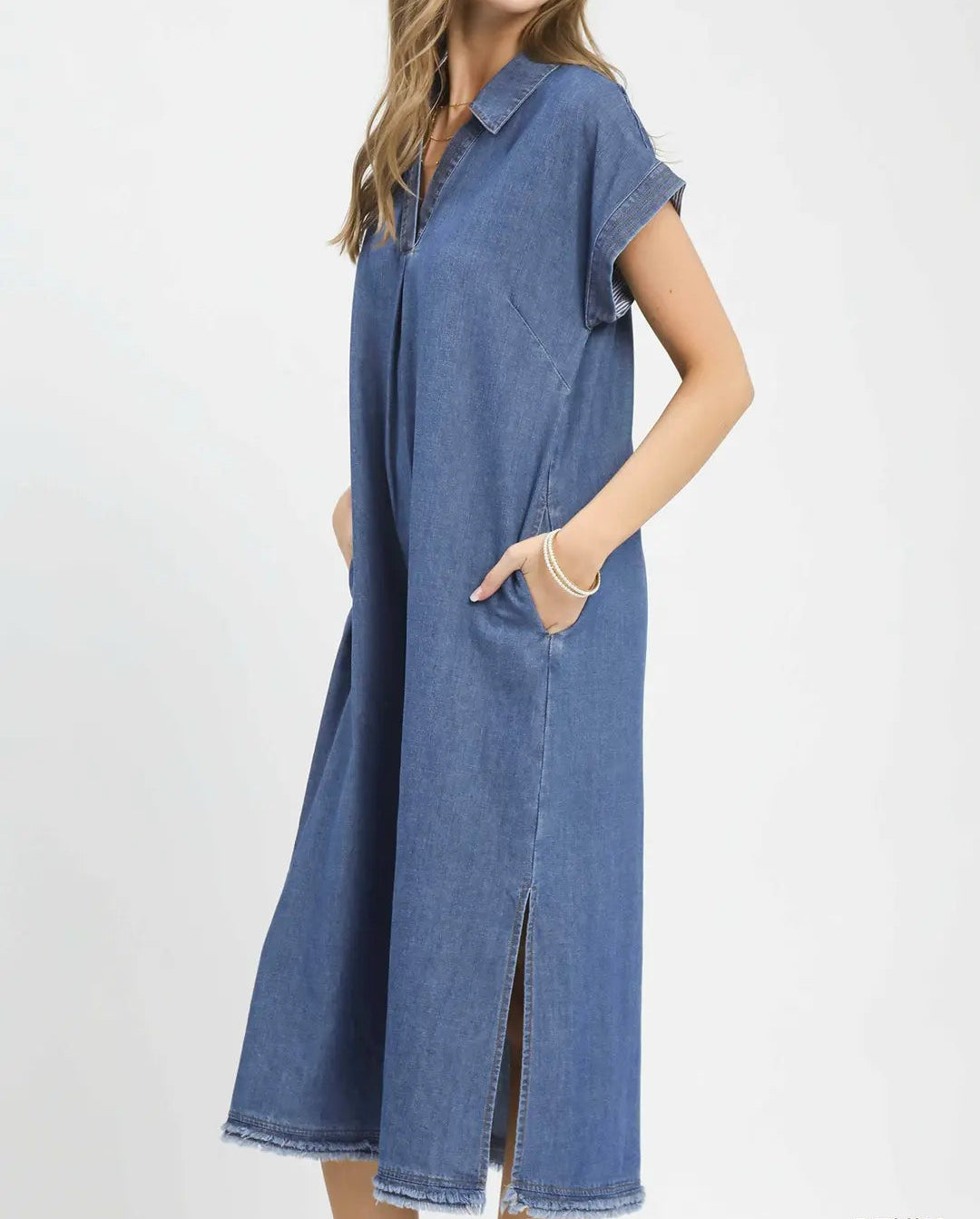 Stone Washed Collared Denim Midi Dress - Brazos Avenue Market 
