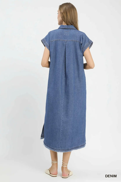 Stone Washed Collared Denim Midi Dress - Brazos Avenue Market 