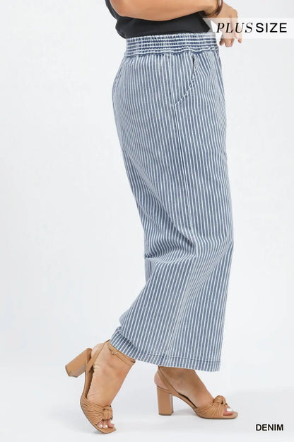 Plus Size Stone Wash Stripe Wide-Leg Pants - Brazos Avenue Market 