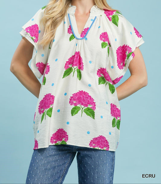 Hydrangea Print Flutter Sleeve Top - Brazos Avenue Market 