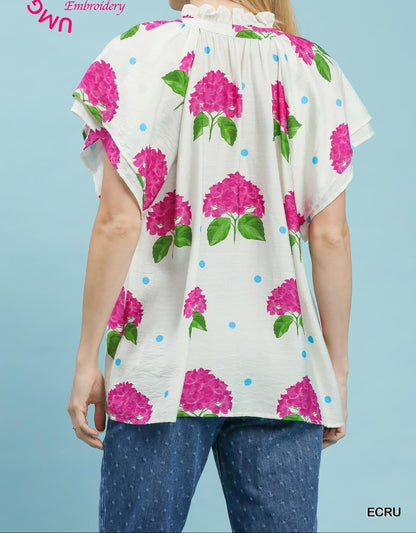 Hydrangea Print Flutter Sleeve Top - Brazos Avenue Market 