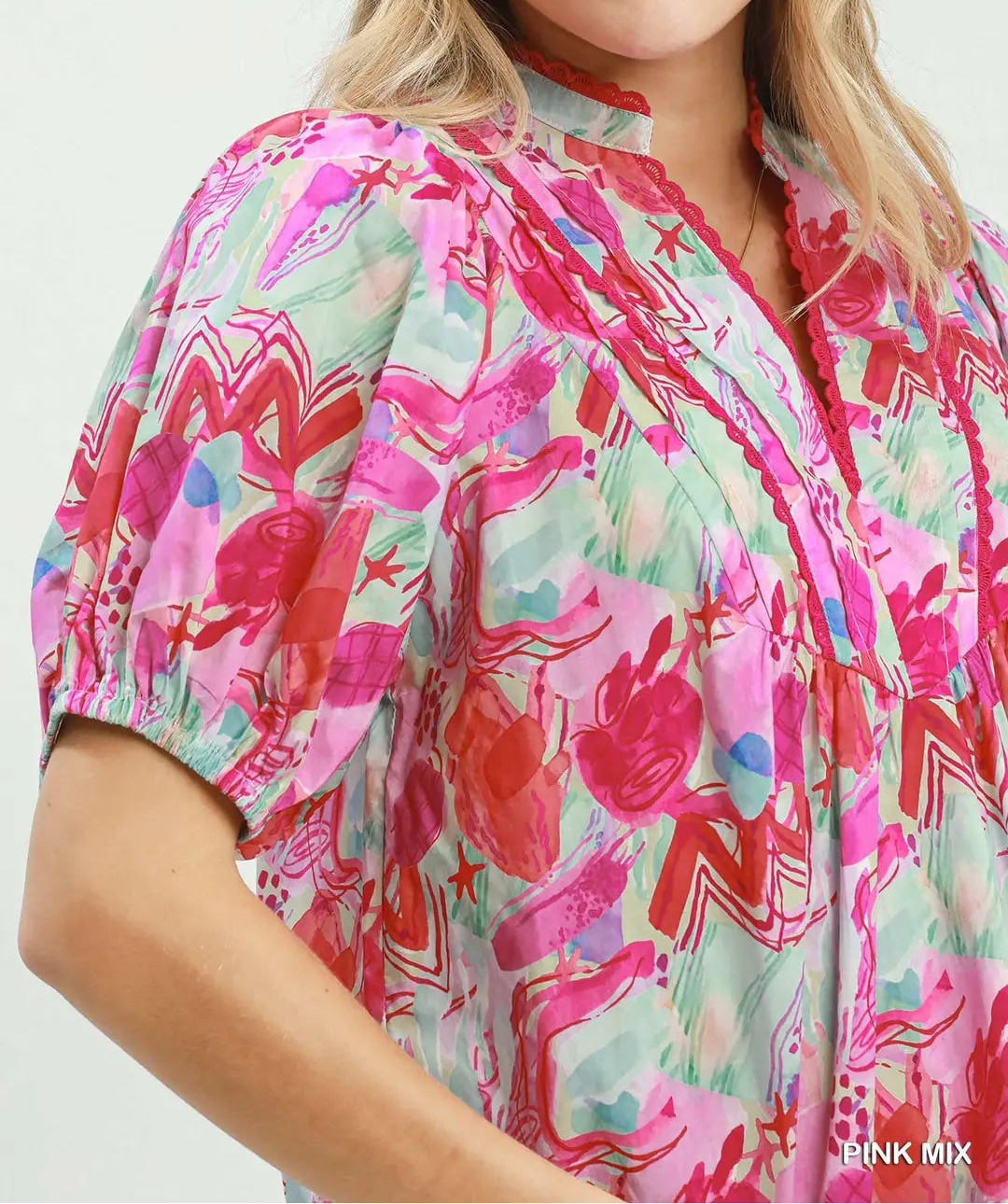 Pink Abstract Print Puff Sleeve Top
