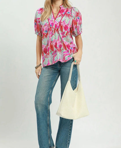 Pink Abstract Print Puff Sleeve Top