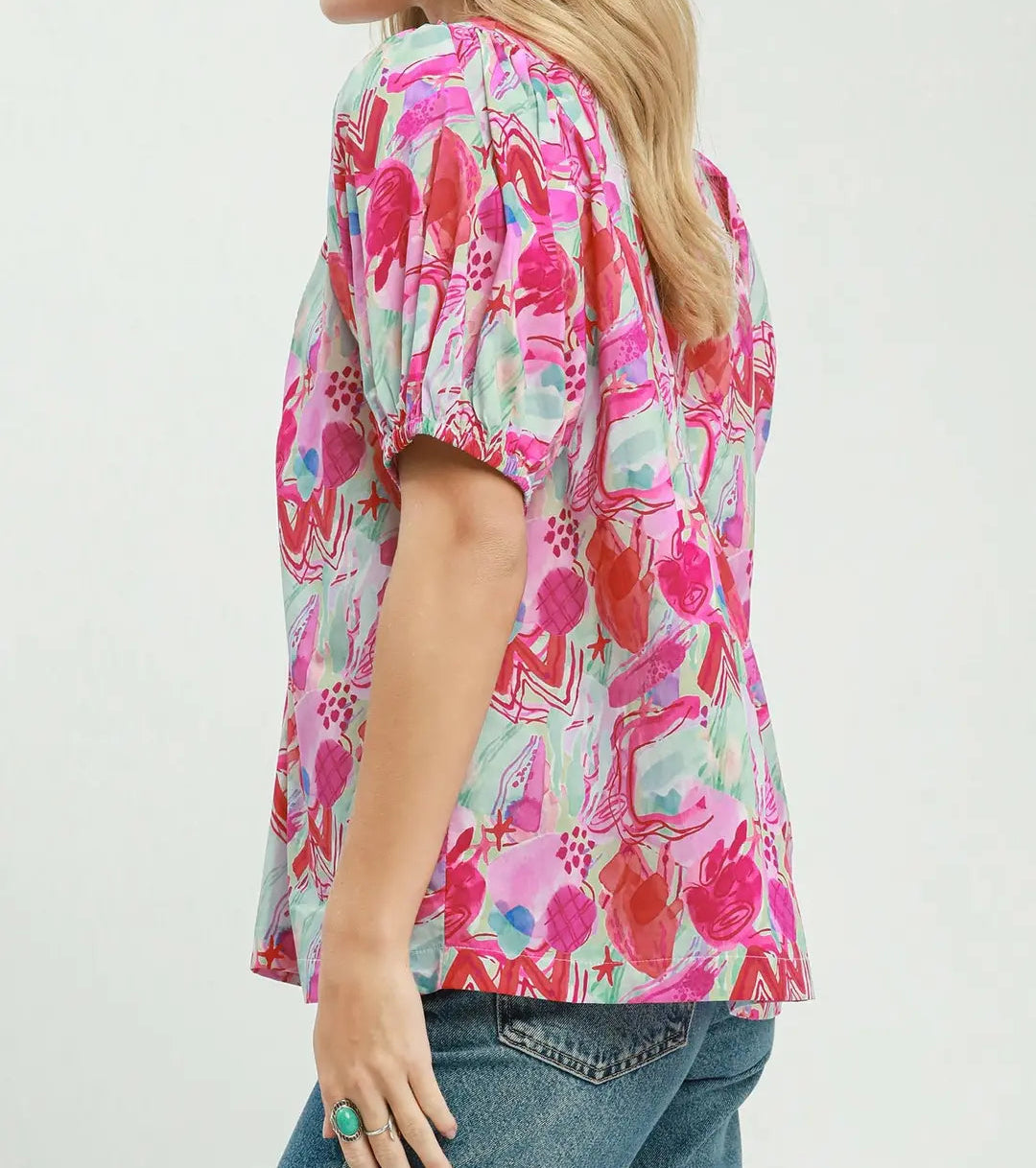 Pink Abstract Print Puff Sleeve Top