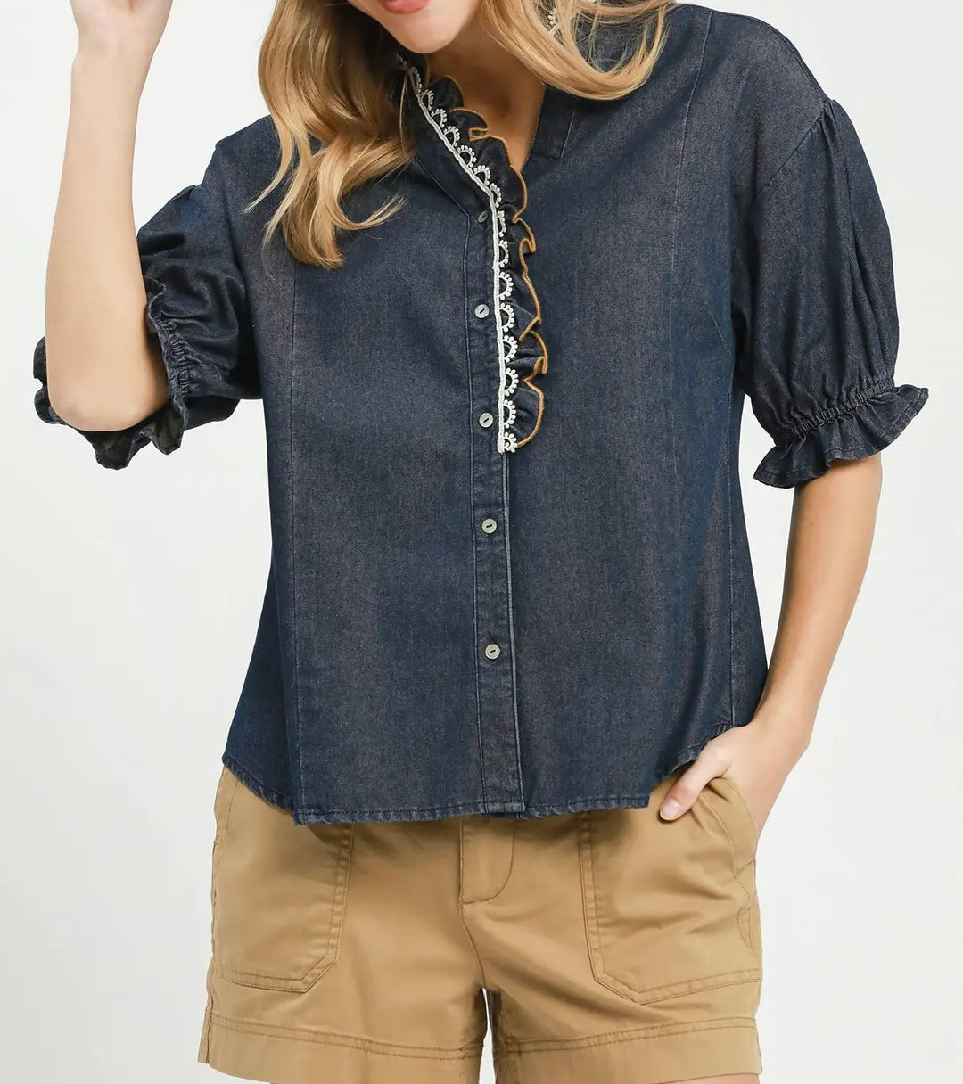 Chambray Scalloped Trim Button Front Blouse - Brazos Avenue Market 