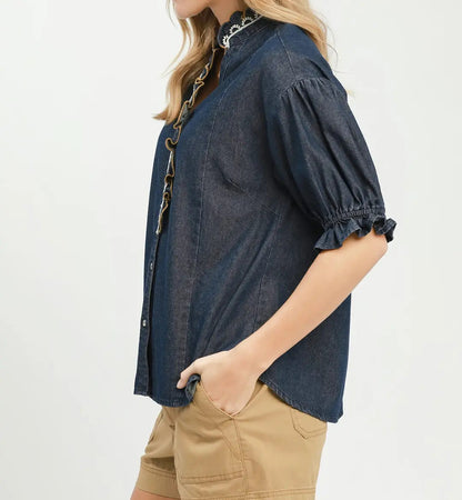 Chambray Scalloped Trim Button Front Blouse - Brazos Avenue Market 
