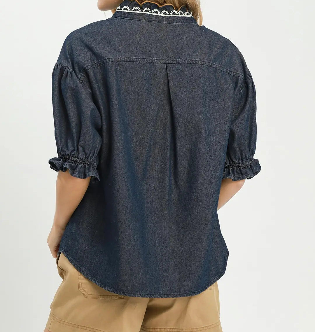 Chambray Scalloped Trim Button Front Blouse - Brazos Avenue Market 
