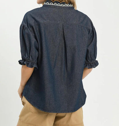 Chambray Scalloped Trim Button Front Blouse - Brazos Avenue Market 