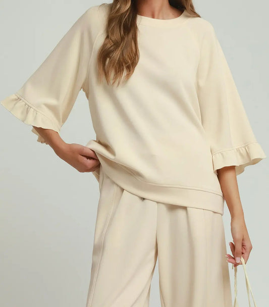 Round Neck Ruffle Tier Raglan Sleeve Top - Brazos Avenue Market 