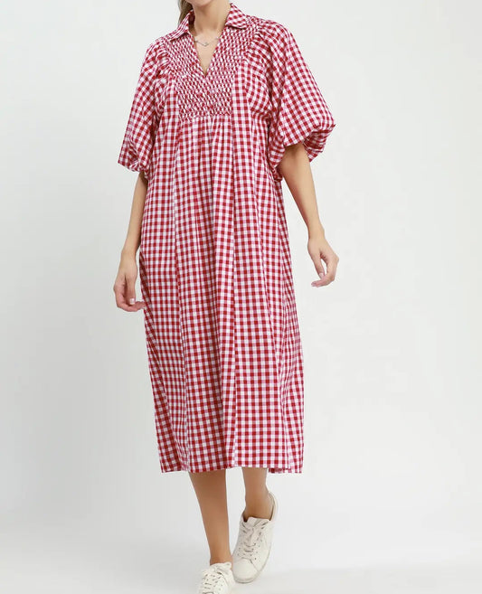 Puff Sleeve Plaid Midi Dress