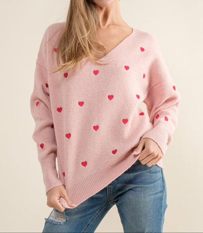 Heart Pattern Boxy Knit Pullover Sweater