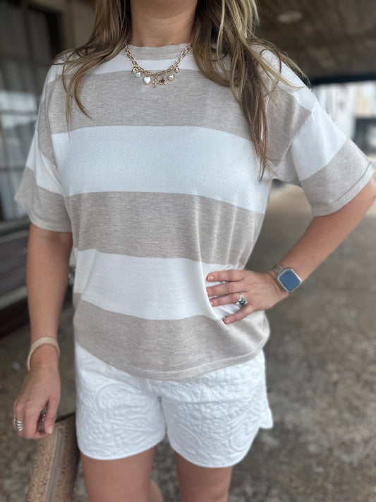 Taupe & Tan Stripe Loose Fit Top - Brazos Avenue Market 