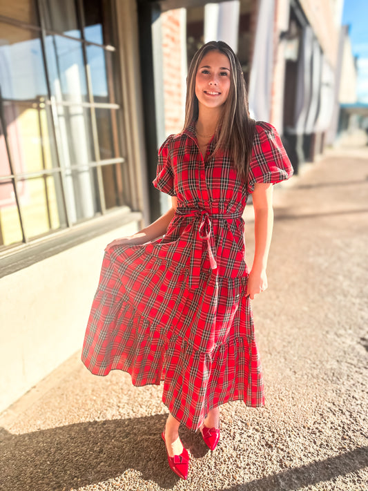 Holiday Plaid Tiered Maxi Dress