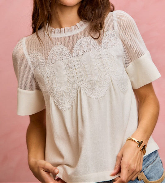 Linen Blend Lace Trim Short Sleeves Blouse Top