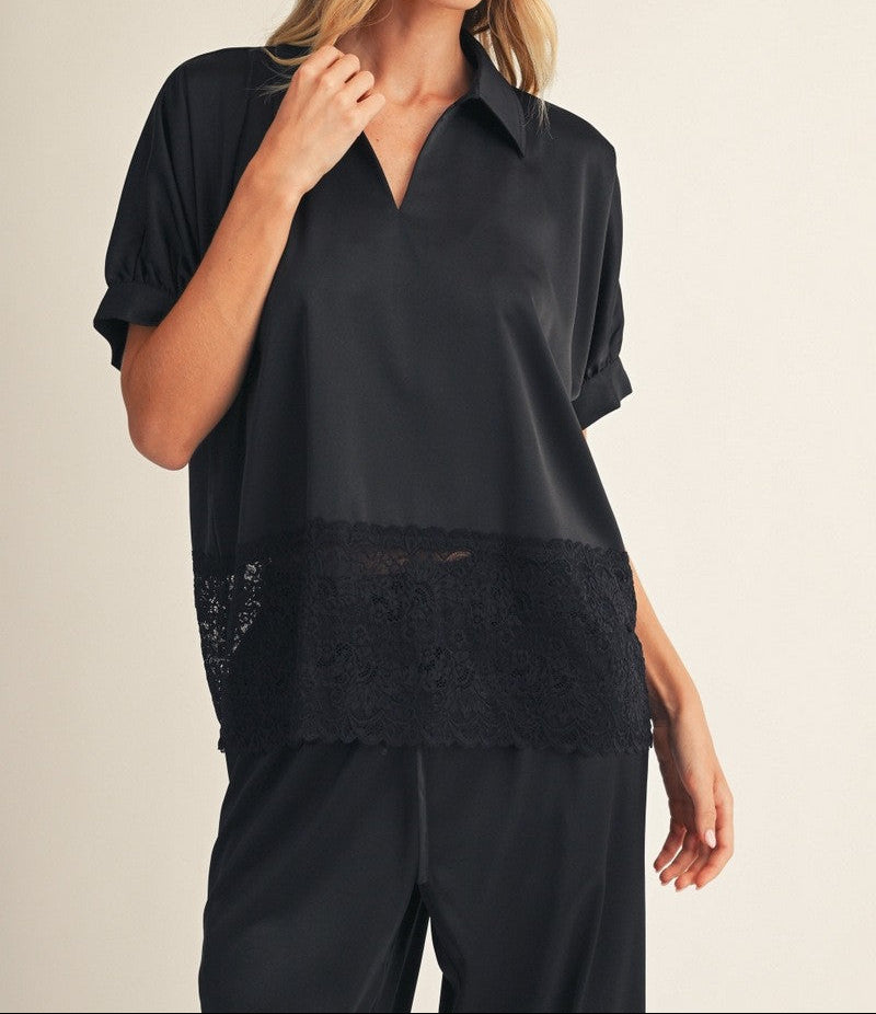 Lace Hem Detail Solid Satin Top