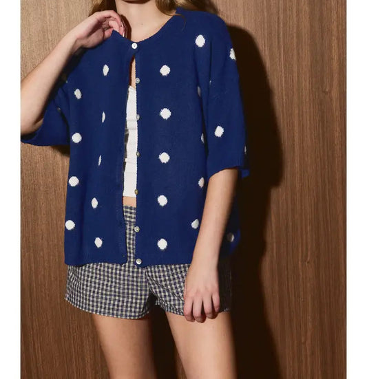 Polka Dot Short Sleeve Crew Neck Knit Cardigan - Brazos Avenue Market 
