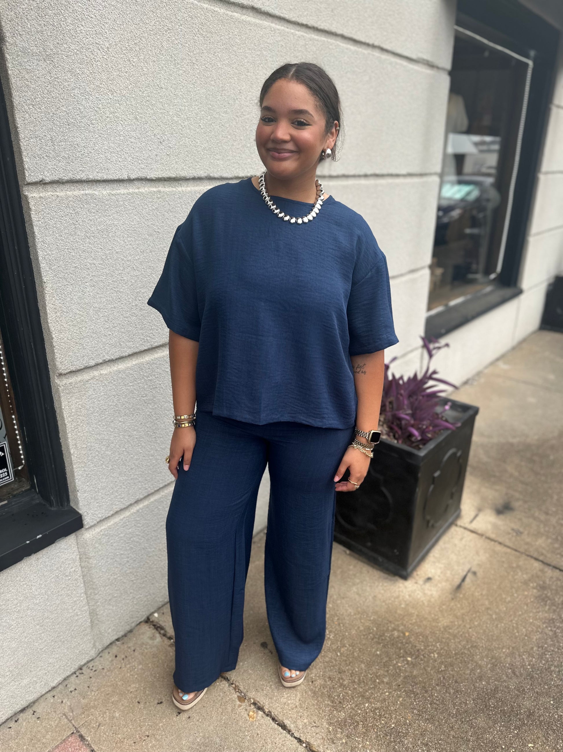 Navy Tie Back Short Sleeve Top - Brazos Avenue Market 