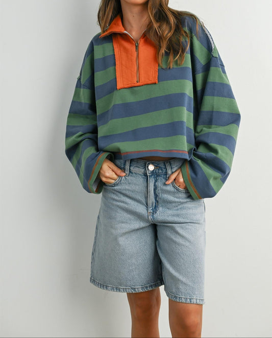 Striped Quarter-Zip Contrast Collar Sweatshirt