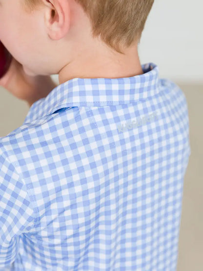 Boys Classic Periwinkle Blue Gingham Knit Short Sleeve Performance Polo - Brazos Avenue Market 