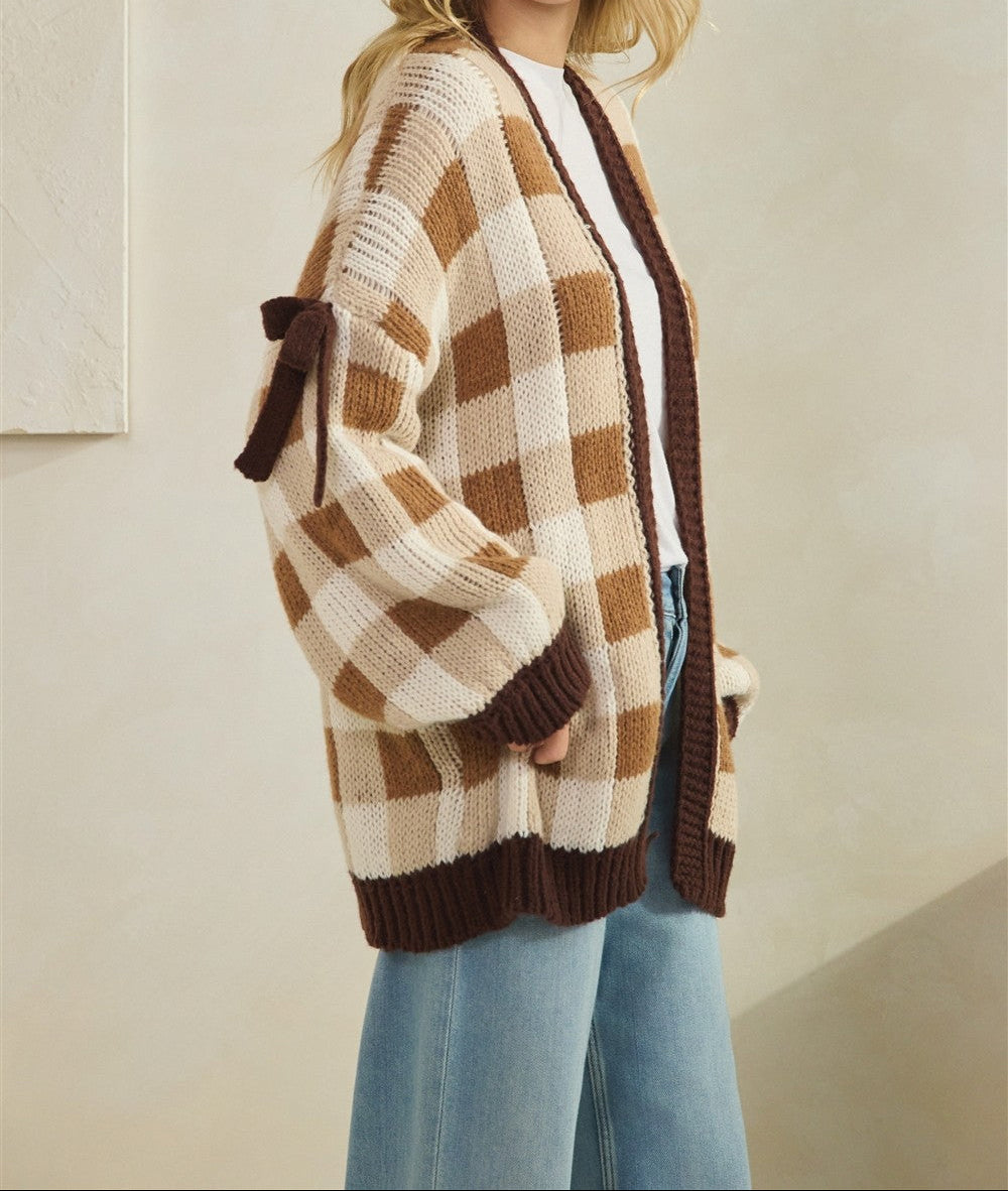 Checkered Cardigan With Ribbon Details - Brazos Avenue Market 