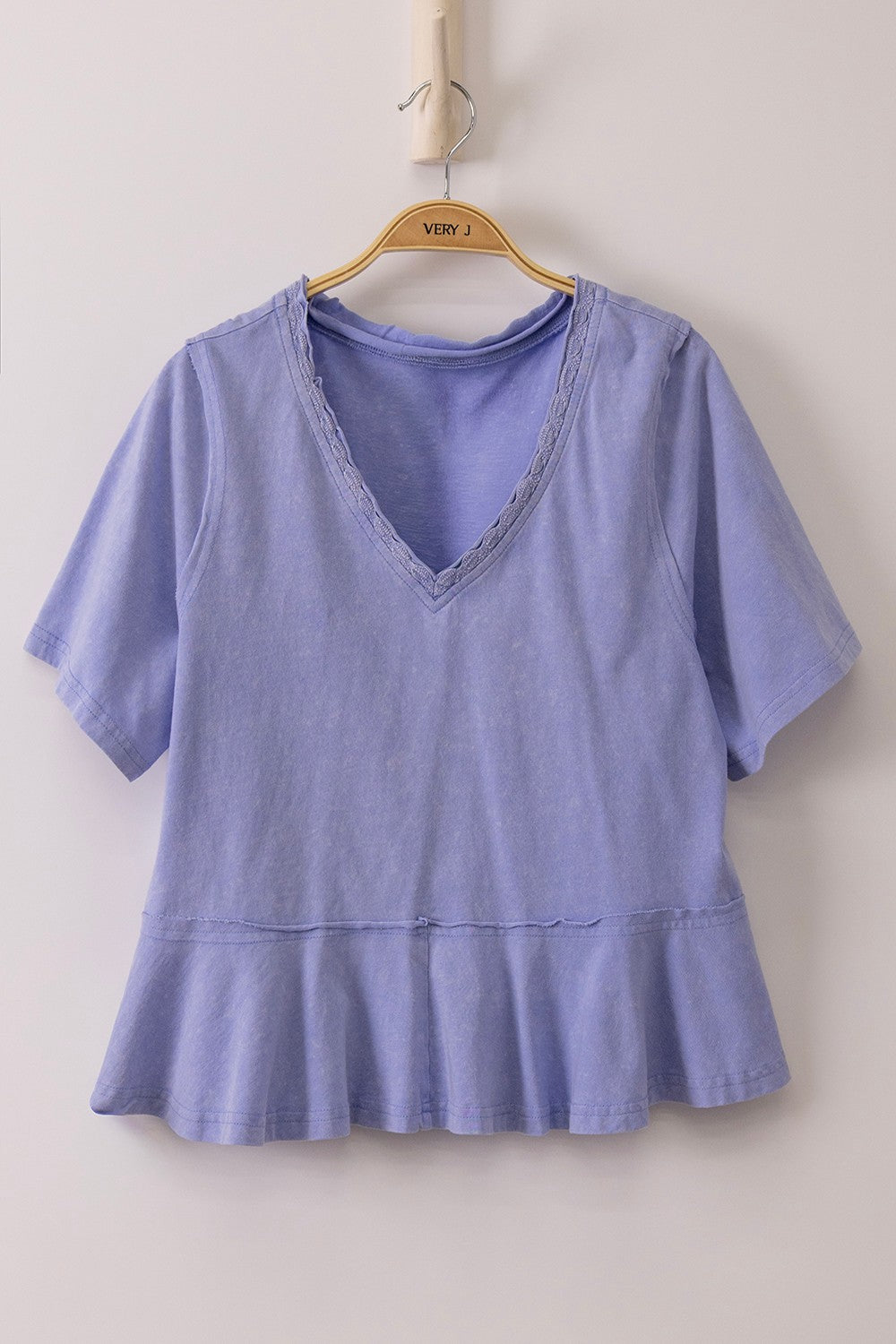 Lace Trim Detail Mineral Washed V-neck Knit Top - Brazos Avenue Market 