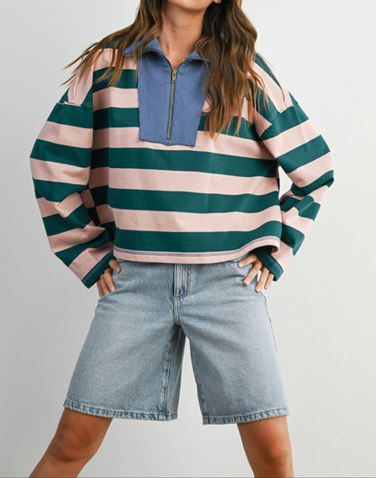 Striped Quarter-Zip Contrast Collar Sweatshirt