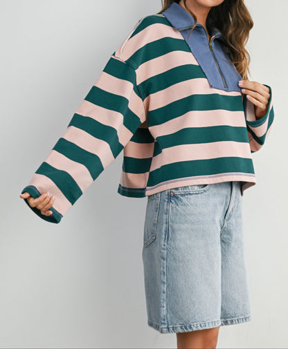 Striped Quarter-Zip Contrast Collar Sweatshirt