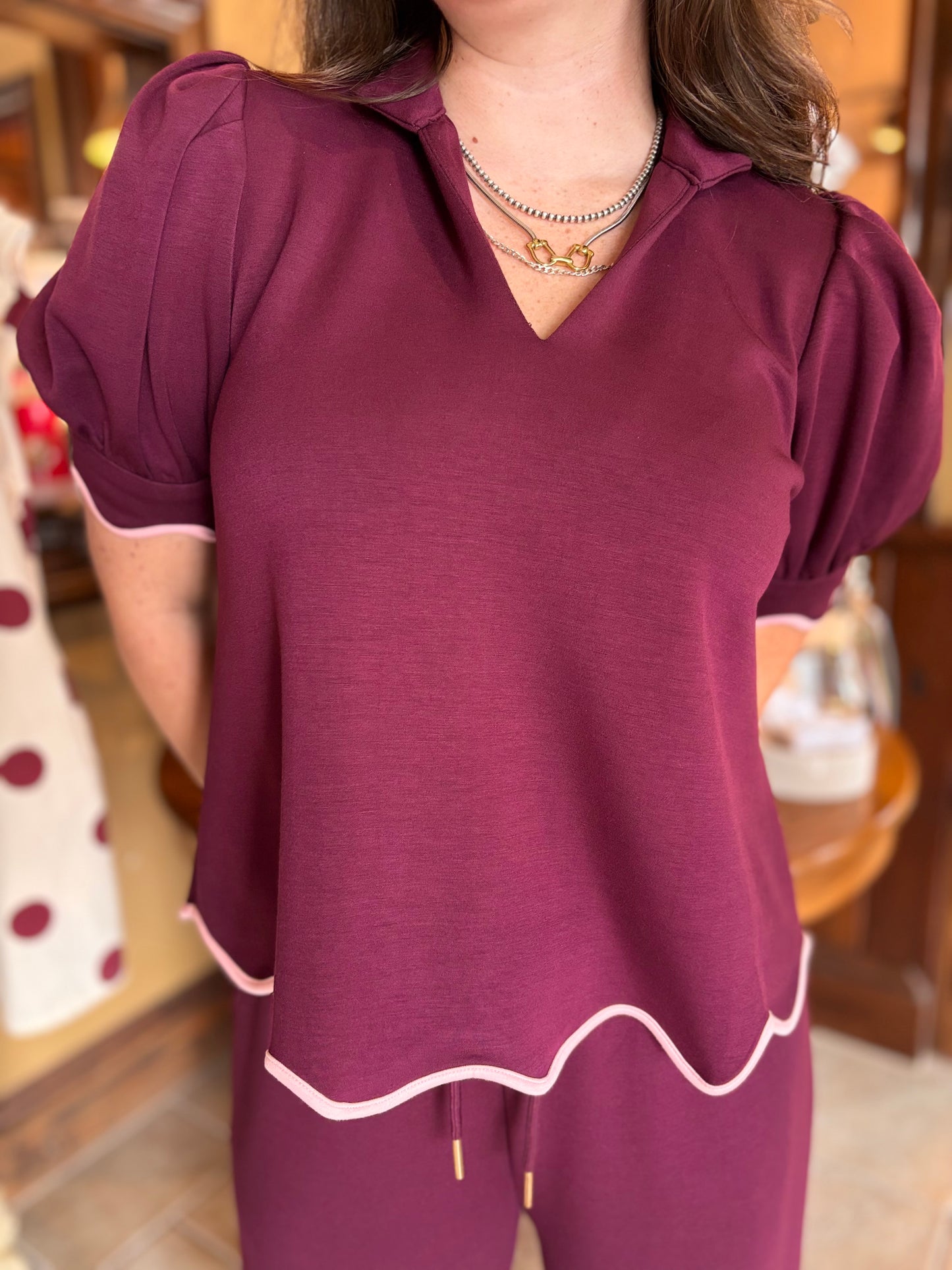 Plum Pant Set With Pink Trim