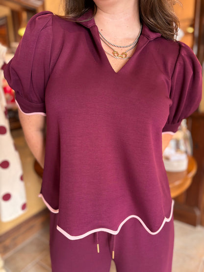 Plum Pant Set With Pink Trim