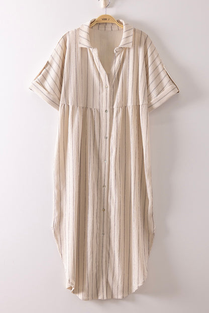 Striped Linen Midi Button Down Shirt Dress - Brazos Avenue Market 