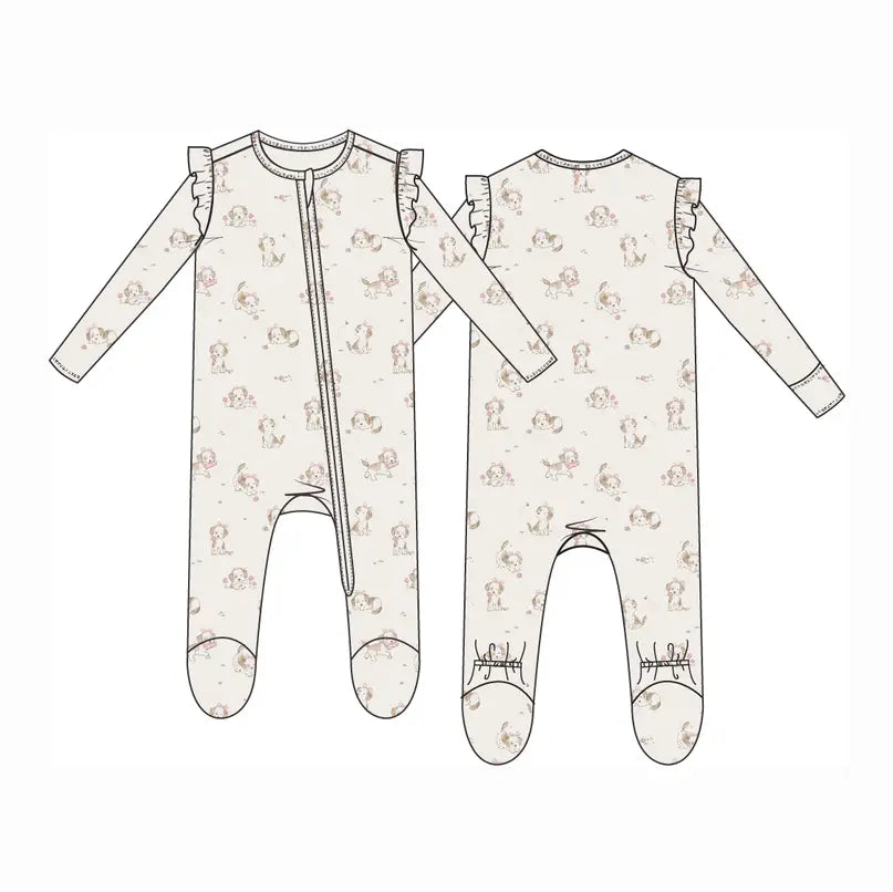 Explorer Puppy Pink - 2 Way Ruffle Sleeve Zipper Footie