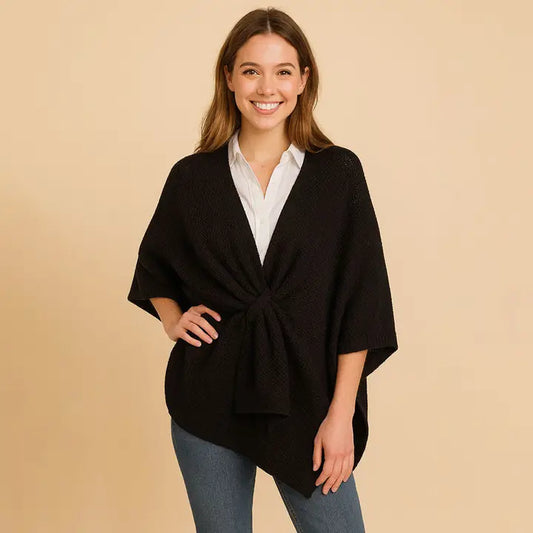 Front Tie Textured Knit Wrap Shawl Poncho - Brazos Avenue Market 