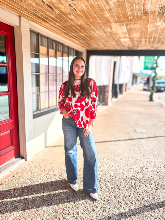 Big Floral Pattern Sweater Top - Brazos Avenue Market 
