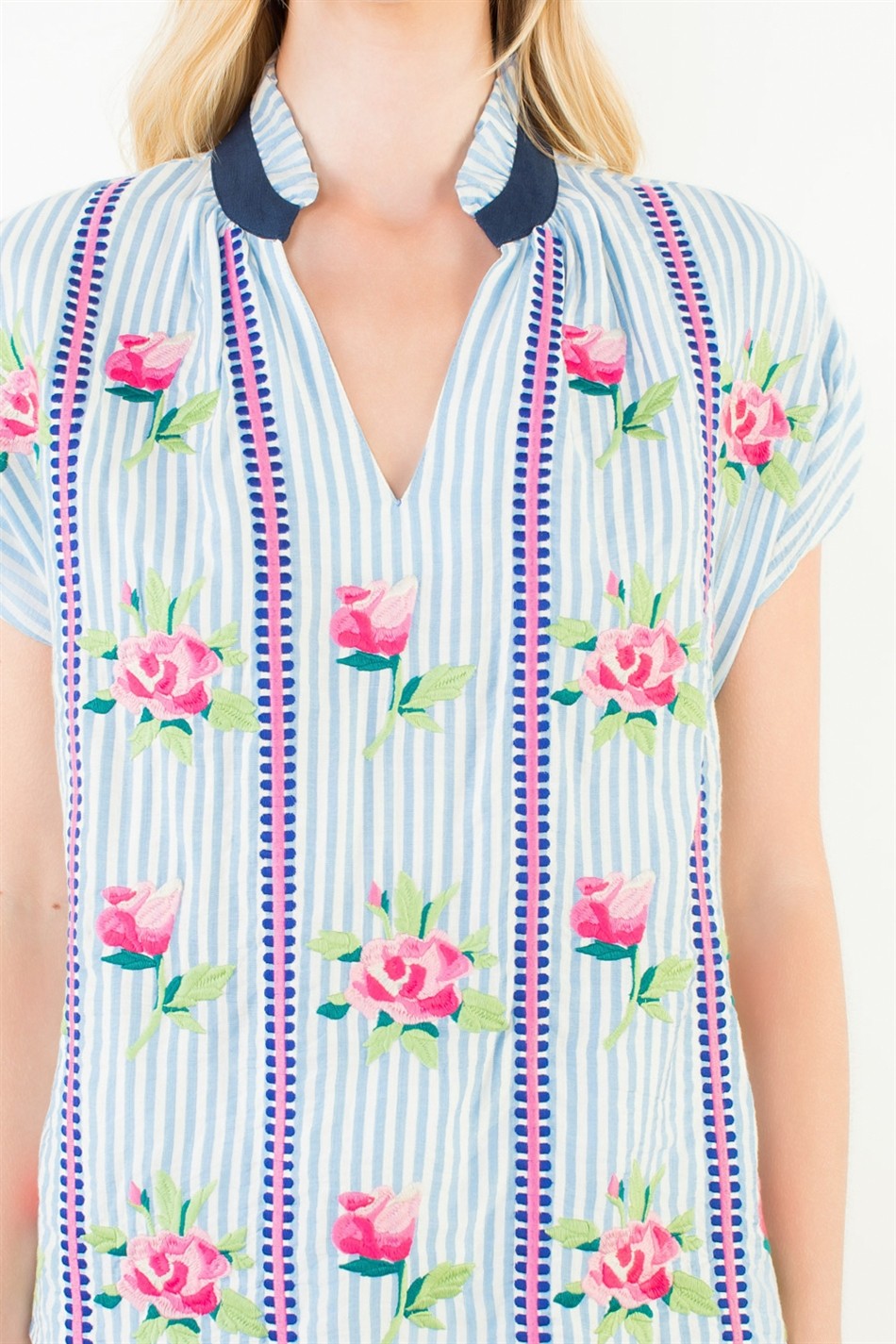Embroidered Stripe V-neck Top - Brazos Avenue Market 
