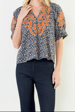 Floral Print Top With Embroidery