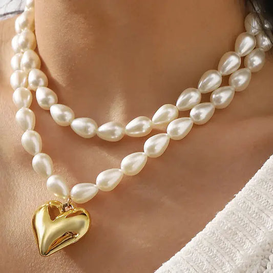 Double Layered Pearl Necklace With Heart Pendant - Brazos Avenue Market 