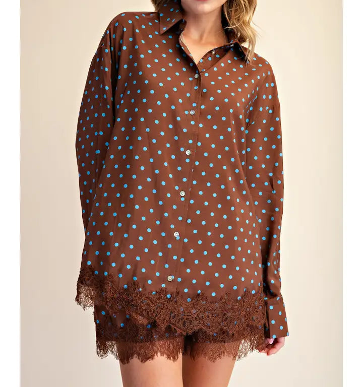 Polka Dot Lace Trim Oversized Shirt - Brazos Avenue Market 