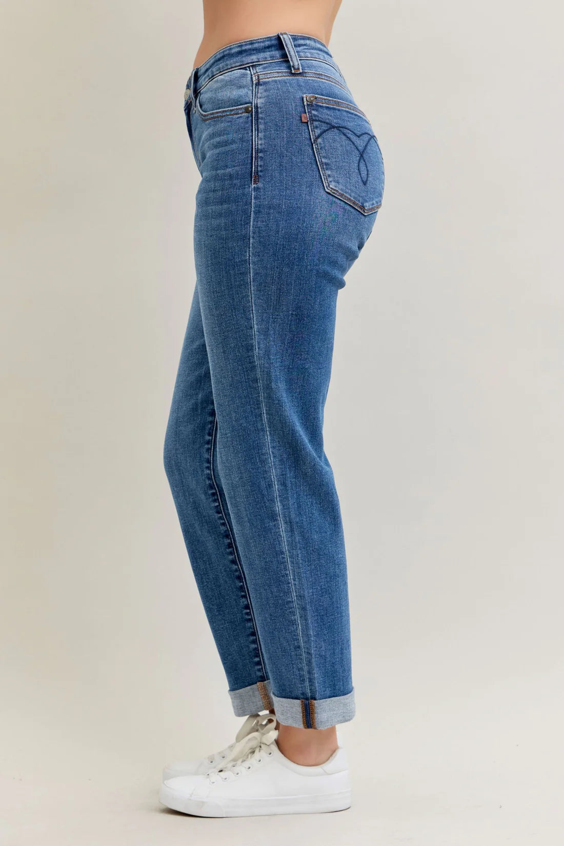 Judy Blue Mid Rise Classic Cuffed Boyfriend Denim Jeans - Brazos Avenue Market 